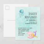 Cute Mermaid under the Zee Waterverf Birthday Uitnodiging Briefkaart (Voorkant / Achterkant)