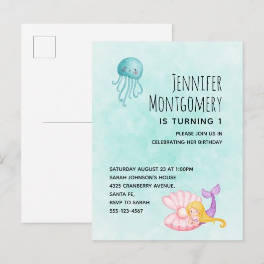 Cute Mermaid under the Zee Waterverf Birthday Uitnodiging Briefkaart (Voorkant / Achterkant)