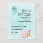 Cute Mermaid under the Zee Waterverf Birthday Uitnodiging Briefkaart (Voorkant)