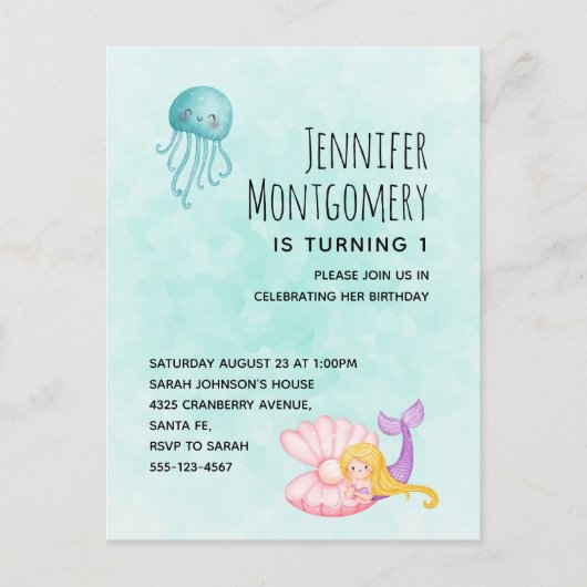 Cute Mermaid under the Zee Waterverf Birthday Uitnodiging Briefkaart (Voorkant)