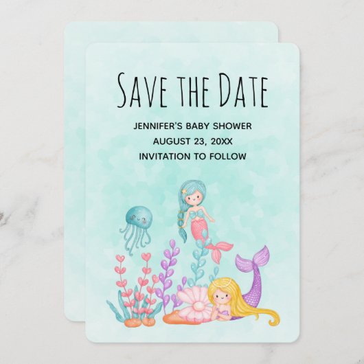 Cute Mermaid under the Zee Waterverf Save The Date (Voorkant / Achterkant)