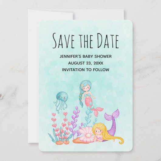 Cute Mermaid under the Zee Waterverf Save The Date (Voorkant)
