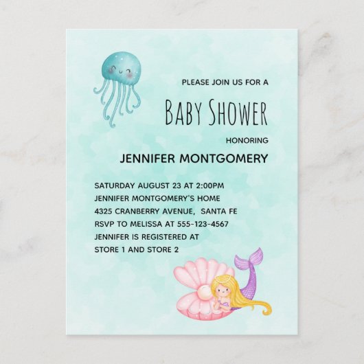 Cute Mermaid under the Zee Waterverf Uitnodiging Briefkaart (Voorkant)