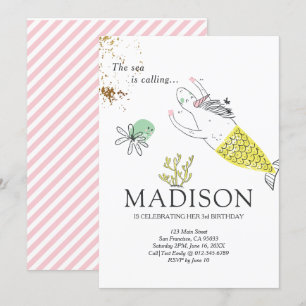 Cute Mermaid Unicorn Faux Gold Birthday Invitation Kaart