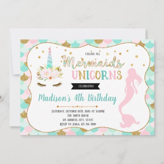 Cute mermaid unicorn party-uitnodiging kaart (Voorkant)