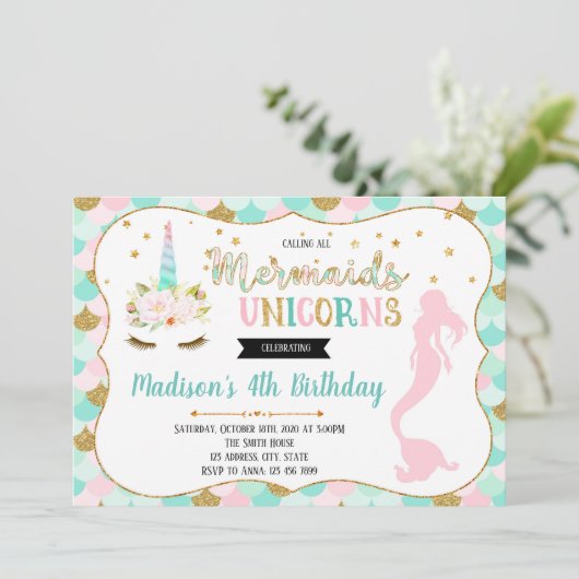 Cute mermaid unicorn party-uitnodiging kaart (Staand voorkant)