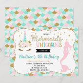 Cute mermaid unicorn party-uitnodiging kaart (Voorkant / Achterkant)