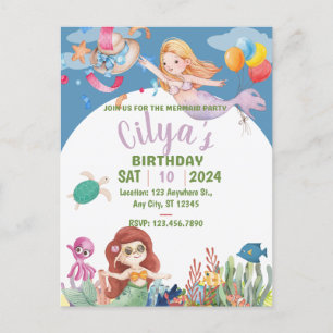 Cute Mermaid Watercolor verjaardagsuitnodiging Briefkaart