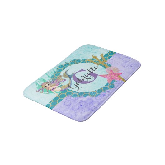 Cute Mermaid Waterverf Blauwgroen en Paars monogra Badmat (Gekanteld)