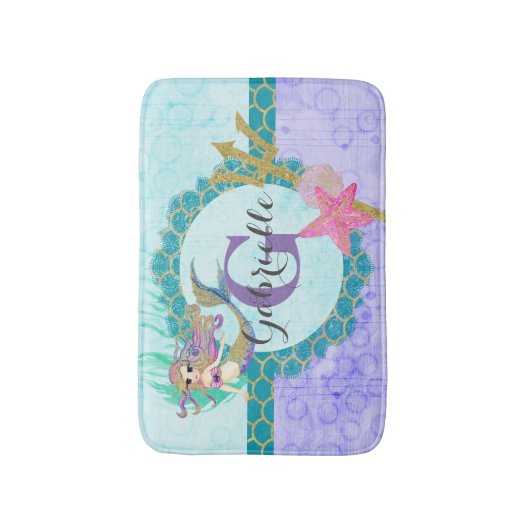 Cute Mermaid Waterverf Blauwgroen en Paars monogra Badmat (Voorkant Verticaal)