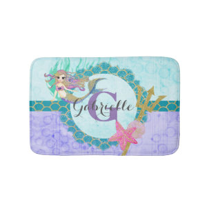 Cute Mermaid Waterverf Blauwgroen en Paars monogra Badmat
