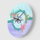 Cute Mermaid Waterverf Blauwgroen en Paars monogra Grote Klok (Hoek)