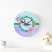 Cute Mermaid Waterverf Blauwgroen en Paars monogra Grote Klok (Huis)