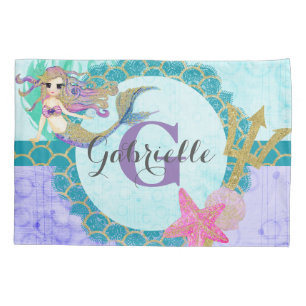 Cute Mermaid Waterverf Blauwgroen en Paars monogra Kussensloop