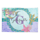 Cute Mermaid Waterverf Blauwgroen en Paars monogra Kussensloop (Achterkant-Links)