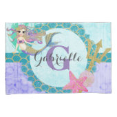 Cute Mermaid Waterverf Blauwgroen en Paars monogra Kussensloop (Voorkant-Rechts)