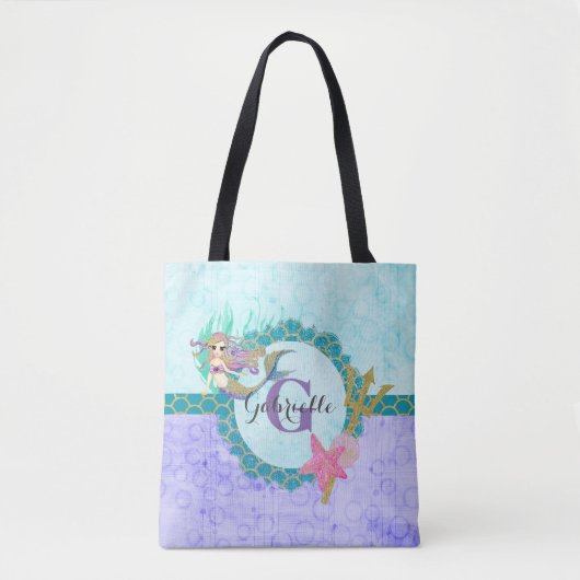 Cute Mermaid Waterverf Blauwgroen en Paars monogra Tote Bag (Voorkant)