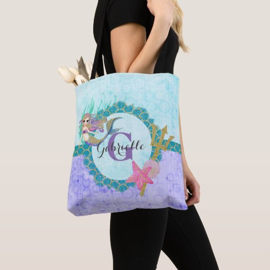 Cute Mermaid Waterverf Blauwgroen en Paars monogra Tote Bag (Dichtbij)