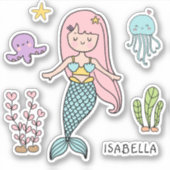 Cute Mermaid Whimsical Girly Persoonlijke naam Sticker (Voorkant)