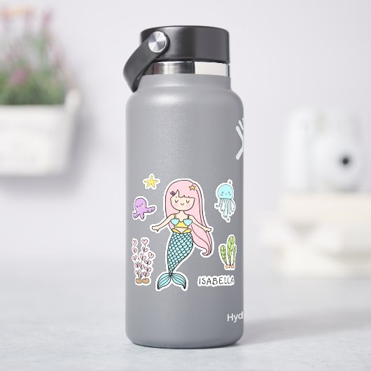 Cute Mermaid Whimsical Girly Persoonlijke naam Sticker (HydroFlask)