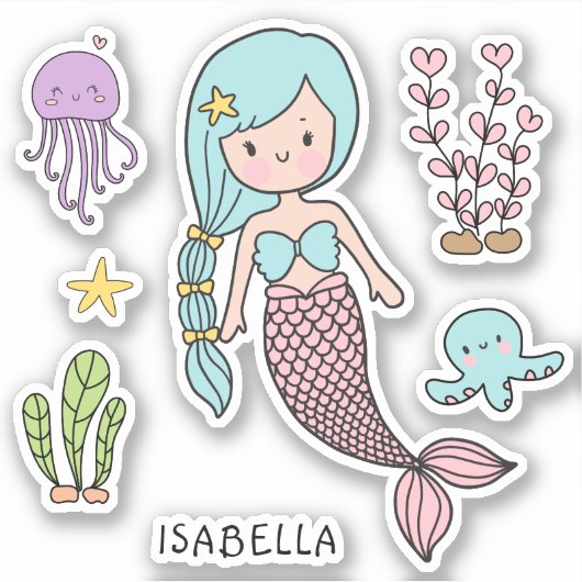 Cute Mermaid Whimsical Girly Persoonlijke naam Sticker (Voorkant)