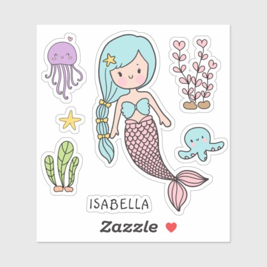 Cute Mermaid Whimsical Girly Persoonlijke naam Sticker (Vel)