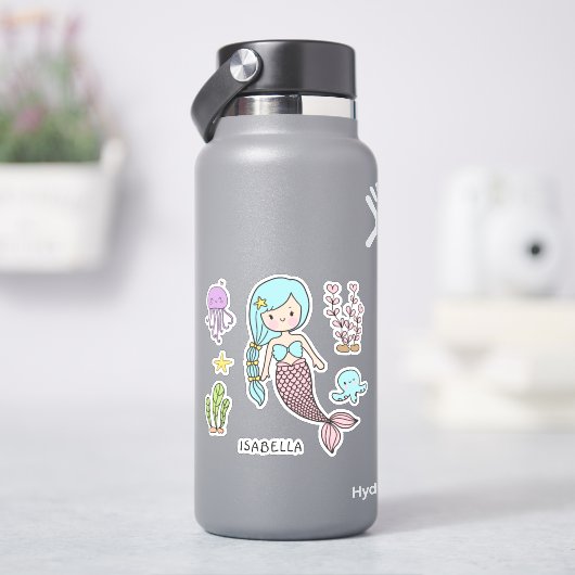 Cute Mermaid Whimsical Girly Persoonlijke naam Sticker (HydroFlask)