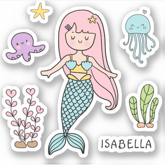 Cute Mermaid Whimsical Girly Persoonlijke naam Sticker (Voorkant)