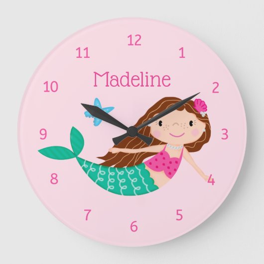Cute Mermaid Whimsical Pink Persoonlijk Grote Klok (Voorkant)