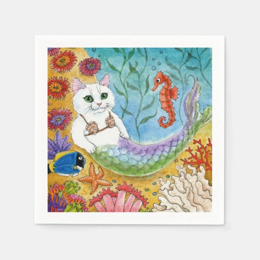 Cute mermaid white cat mercat party napkins servet (Voorkant)