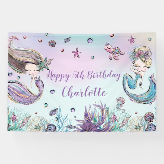 Cute Mermaids Birthday Pool Party Backdrop Welkom Spandoek (Horizontaal)