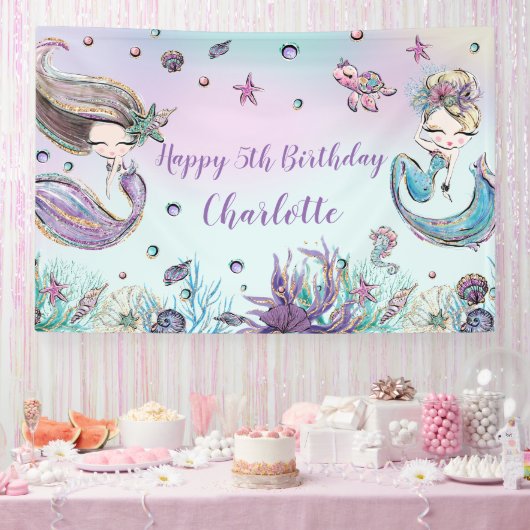 Cute Mermaids Birthday Pool Party Backdrop Welkom Spandoek (Feest)