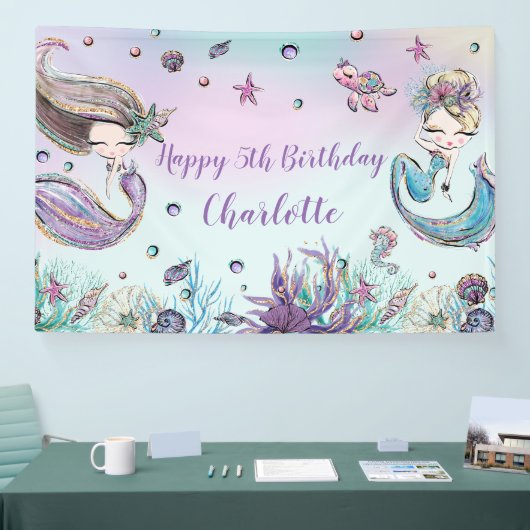 Cute Mermaids Birthday Pool Party Backdrop Welkom Spandoek (Beurs)