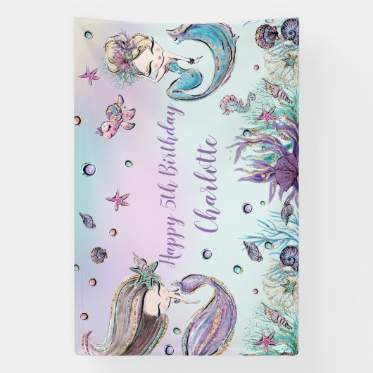 Cute Mermaids Birthday Pool Party Backdrop Welkom Spandoek (Verticaal)