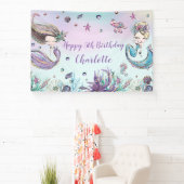 Cute Mermaids Birthday Pool Party Backdrop Welkom Spandoek (Insitu)