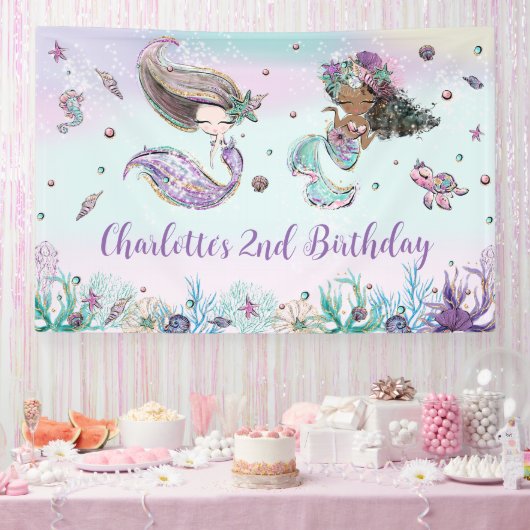 Cute Mermaids Birthday Pool Party Backdrop Welkom Spandoek (Feest)