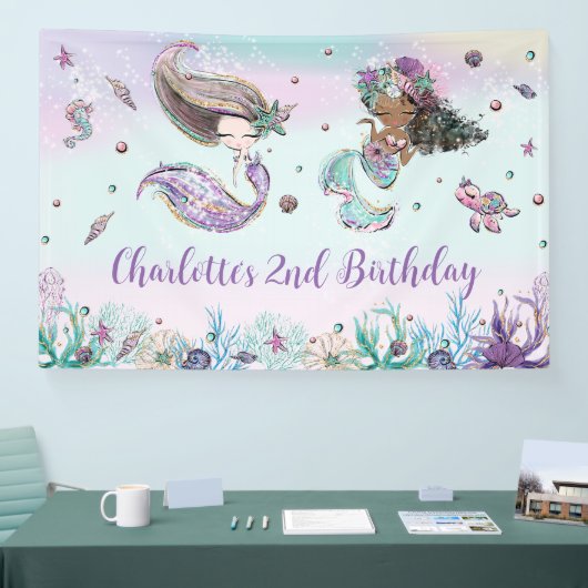 Cute Mermaids Birthday Pool Party Backdrop Welkom Spandoek (Beurs)
