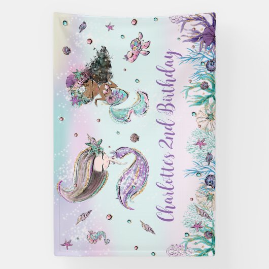 Cute Mermaids Birthday Pool Party Backdrop Welkom Spandoek (Verticaal)