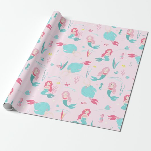 Cute Mermaids Pink en Turquoise Pattern Cadeaupapier (Uitgerold)
