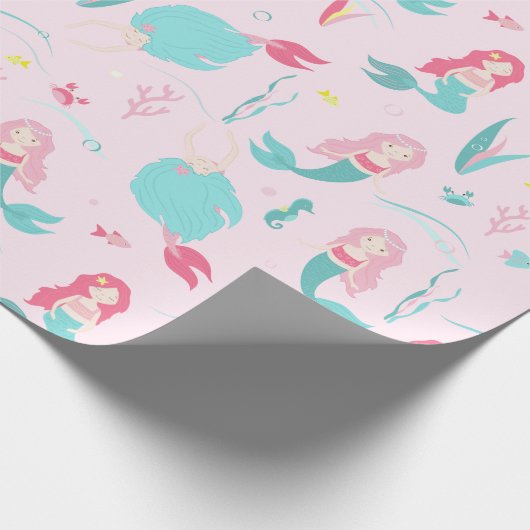 Cute Mermaids Pink en Turquoise Pattern Cadeaupapier (Hoek)