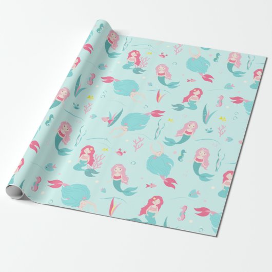 Cute Mermaids Pink en Turquoise Pattern Cadeaupapier (Uitgerold)