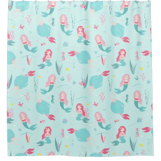 Cute Mermaids Pink en Turquoise Pattern   Douchegordijn (Voorkant)
