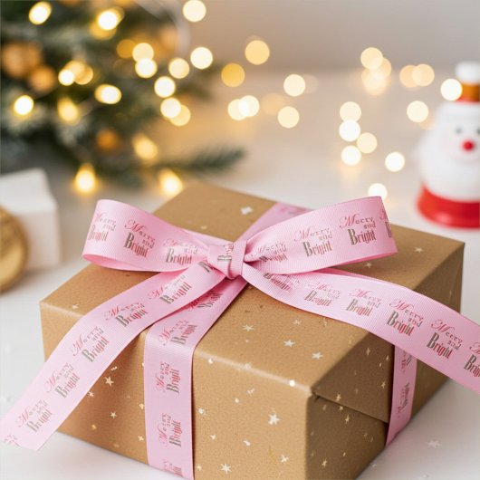 Cute Merry and Bright Stripe on Cotton Candy Pink Grosgrain Lint