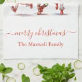 Cute merry christmas 3 elves family name theedoek (Gevouwen)