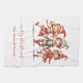 Cute merry christmas 3 elves family name theedoek (Horizontaal)