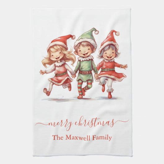 Cute merry christmas 3 elves family name theedoek (Verticaal)