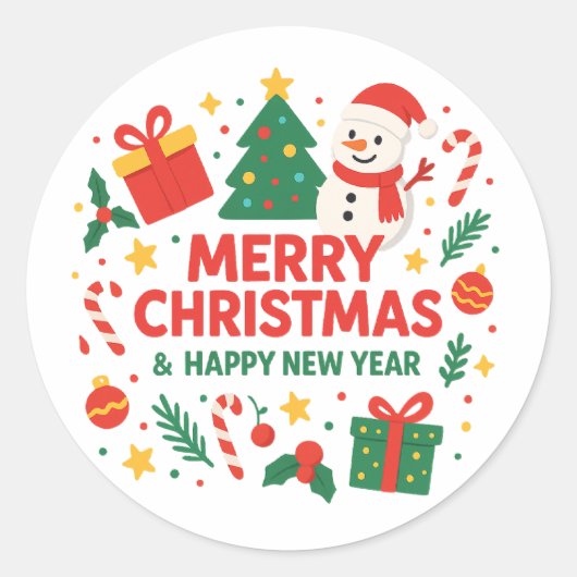 Cute Merry Christmas & Happy New Year Snowman&tree Ronde Sticker (Voorkant)