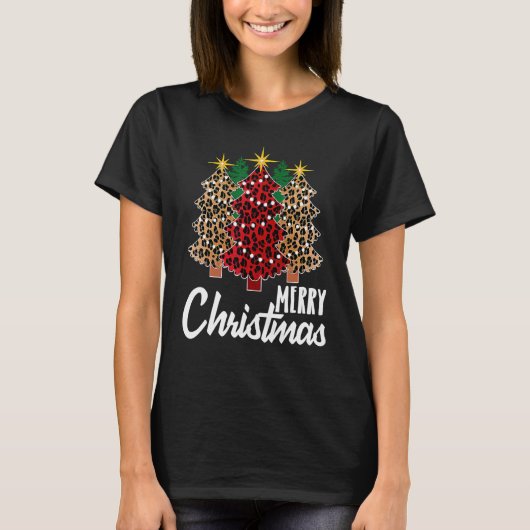 Cute Merry Christmas Leopard Print Tree Christmas  T-shirt (Voorkant)
