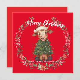 Cute merry Cow Christmas tree calf ox Xmas pattern Feestdagenkaart