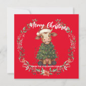 Cute merry Cow Christmas tree calf ox Xmas pattern Feestdagenkaart (Voorkant)